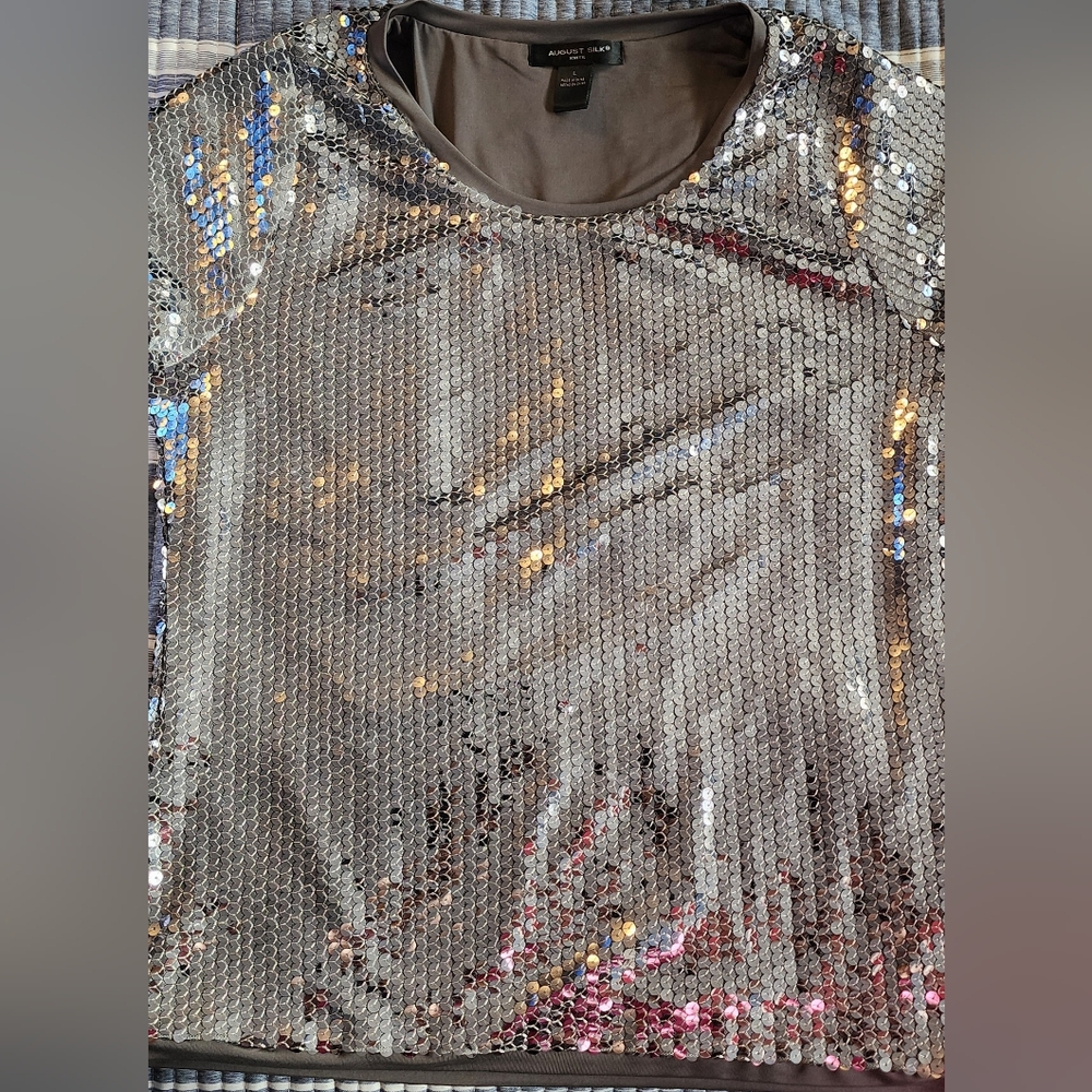August Silk EUC SILVER  Sequin Top Size L